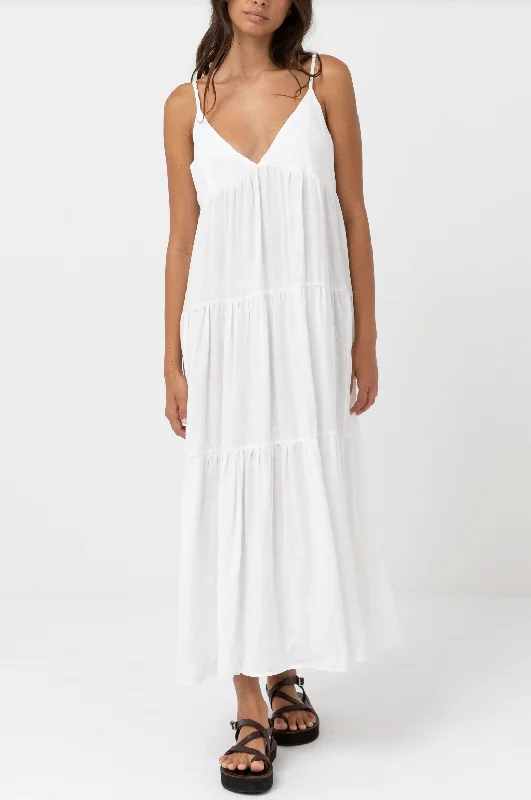 Classic Tiered Midi Dress- White Off-shoulder midi dresses