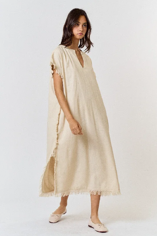 Cream Linen Fringe Accent Side Slit Midi Dress Best midi dresses for tall women