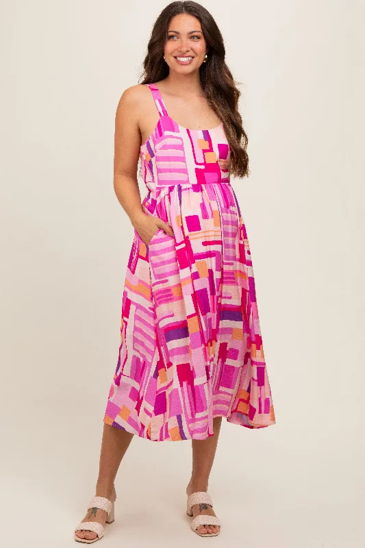 Fuchsia Geo Printed Cut Out Back Detail Maternity Midi Dress Flowy midi dresses