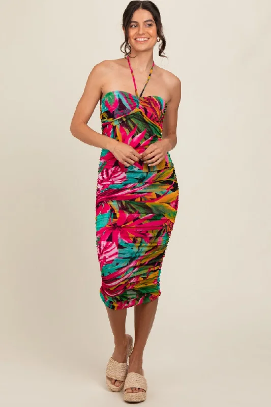 Fuchsia Tropical Halter Fitted Midi Dress A-line midi dresses