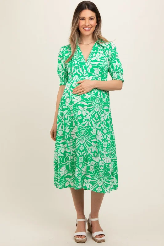 Green Floral V-Neck Tiered Maternity Midi Dress Casual midi dresses