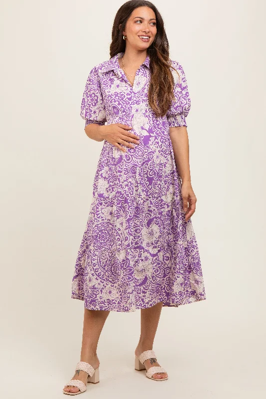 Lavender Floral Collared Tiered Maternity Midi Dress Best midi dresses for hourglass body shape