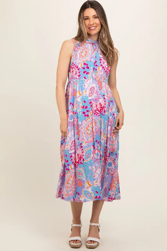 Lavender Floral Paisley Mock Neck Maternity Midi Dress Summer midi dresses