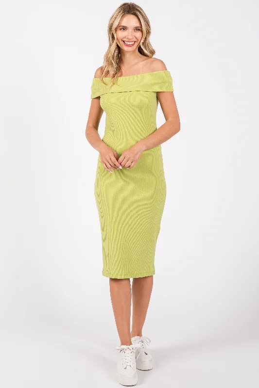 Lime Ribbed Knit Off Shoulder Midi Dress Birthday midi dresses