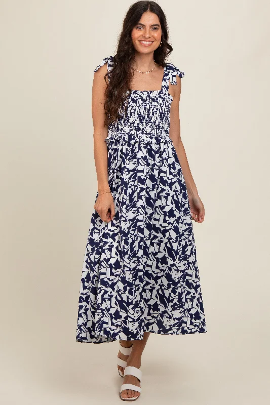 Navy Printed Smocked Shoulder Tie Midi Dress ASOS midi dresses