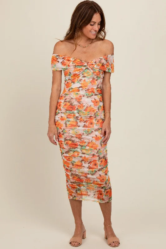 Orange Floral Off Shoulder Ruched Midi Dress Spring midi dresses