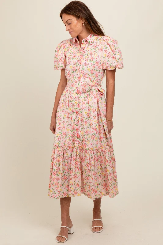 Pink Floral Puff Sleeve Button Down Midi Dress Ruffled midi dresses