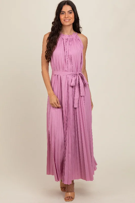 Pink Pleated Empire Tied Waist Midi Dress New Year's Eve midi dresses