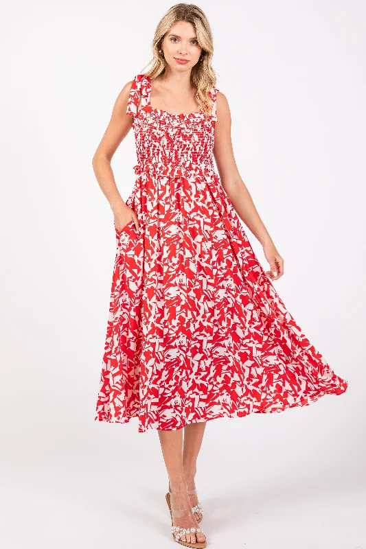 Red Printed Smocked Shoulder Tie Midi Dress Lightweight midi dresses for hot weather