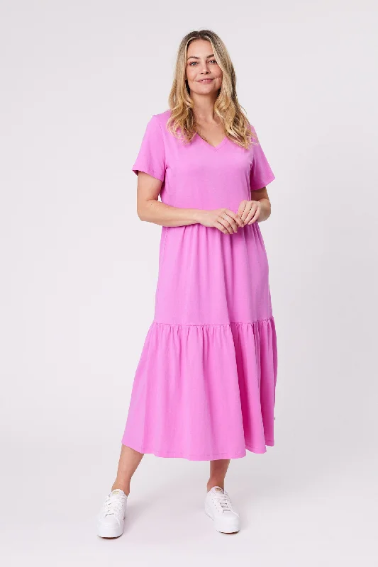 Shine On Essentials Tiered Midi Dress Super Pink Velvet midi dresses