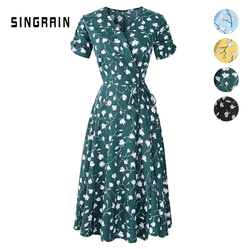 SINGRAIN New Summer Print Floral Dress Women V Neck Short Sleeves Chiffon Bohemian Dresses Beach Midi Female Wrap Long Dress Date night midi dresses