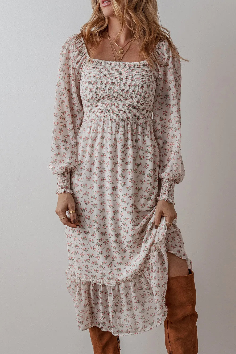 Smocked Floral Square Neck Long Sleeve Midi Dress Knitted midi dresses