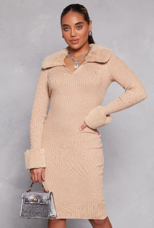 Almost Famous Faux Fur Collar Midi Dress Best midi dresses for curvy figures