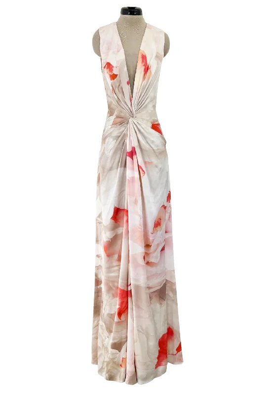 Beautiful 2010 Alexander McQueen Draped Silk Dress w Oversized Soft Floral Print & Deep Front Plunge Satin floral dresses