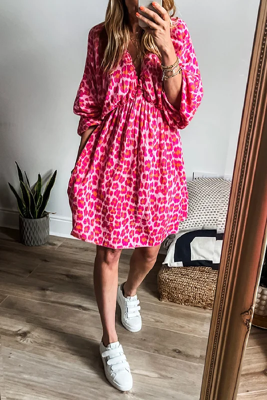 Blue Zone Planet |  Pink Leopard Print Elasticated V Neck 3/4 Puff Sleeve Dress Lightweight floral dresses for hot weather