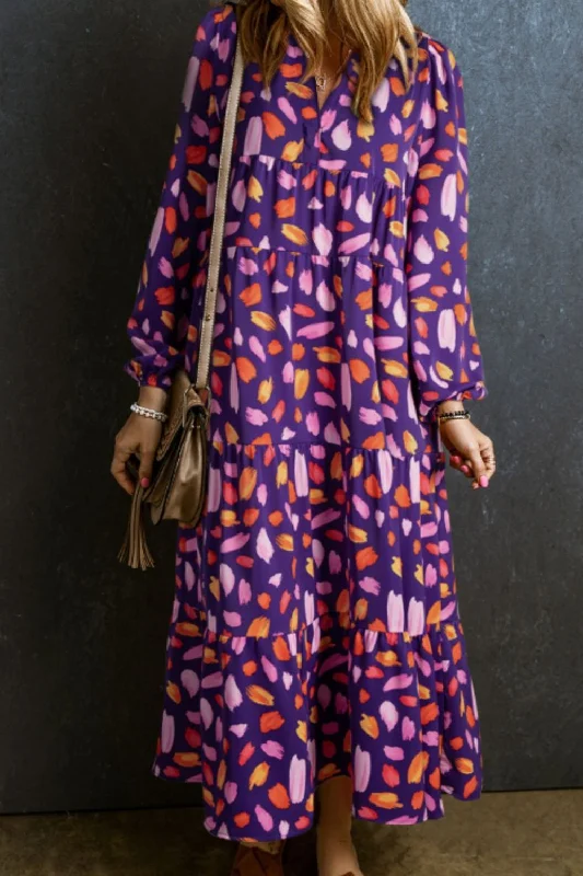 Blue Zone Planet |  Printed Notched Long Sleeve Dress Must-have floral dresses for this season