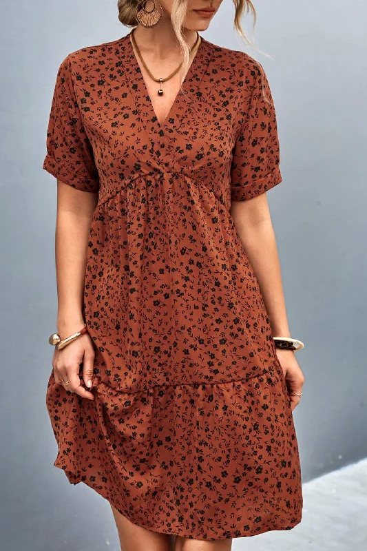 Ditsy Floral Empire Waist Plunge Short Sleeve Dress Best floral dresses for casual outings