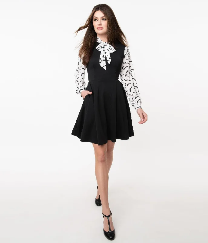 Smak Parlour Black & Bat Print She.E.O. Fit & Flare Dress Chiffon floral dresses