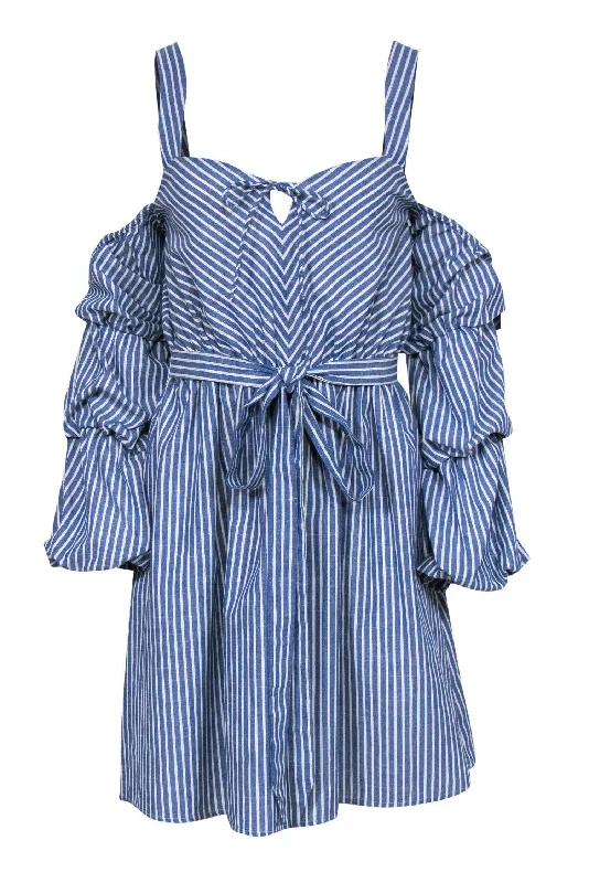 Alexia Admor - Blue & White Striped Belted Cold Shoulder Dress w/ Ruched Sleeves Sz M Neutral tone unclassified dresses