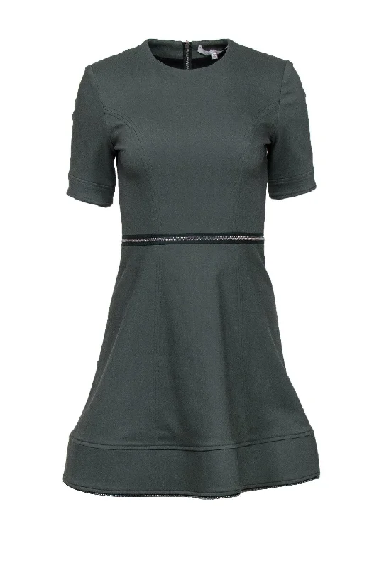 Alexis - Olive Green Fit & Flare Dress w/ Zipper Detail Sz S Open-back unclassified dresses