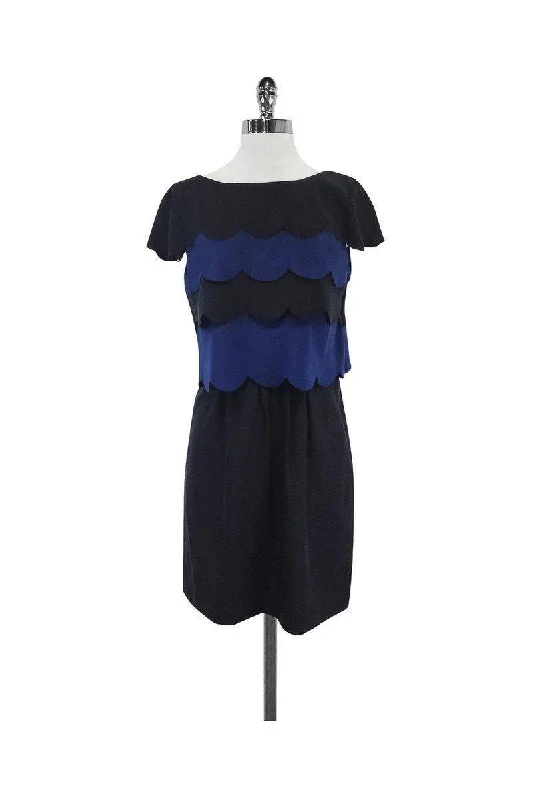 Ali Ro - Black & Midnight Blue Scallop Trim Silk Dress Sz 8 Velvet unclassified dresses