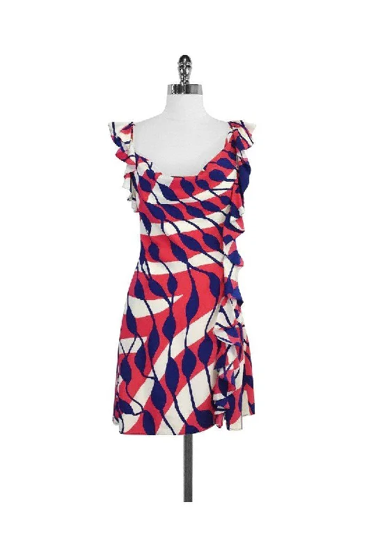 Ali Ro - Pink & Navy Print Silk Cascading Ruffle Dress Sz 2 Open-back unclassified dresses