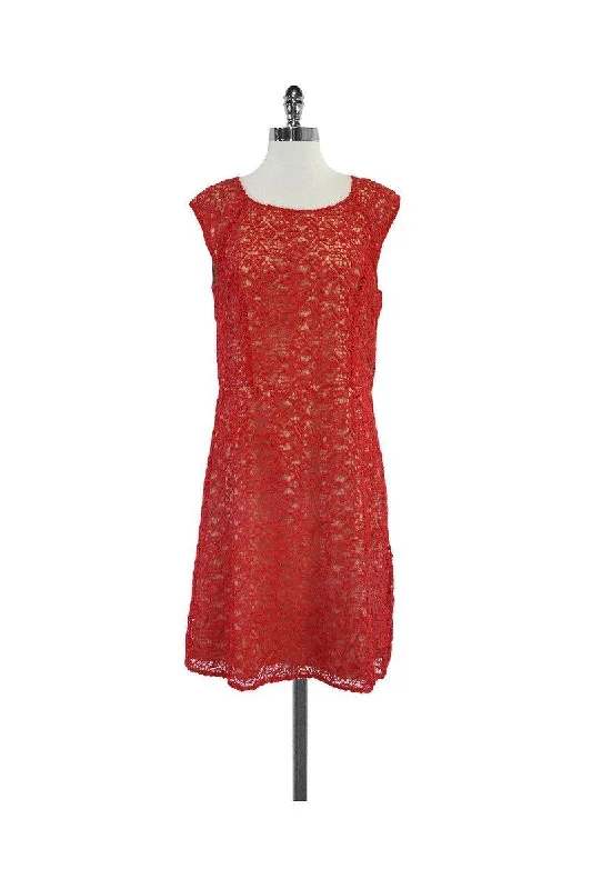 Alice Temperley - Red & Nude Eyelet Cap Sleeve Dress Sz 10 Lace unclassified dresses