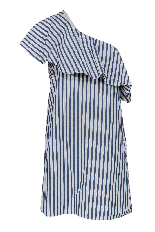 Alice & Olivia - Blue & White Striped Ruffle Sleeveless One Shoulder Shift Dress Sz M Printed unclassified dresses