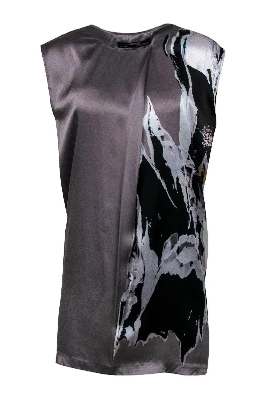 All Saints - Grey & Black Abstract Print Sleeveless Silk Shift Dress Sz 4 Engagement unclassified dresses