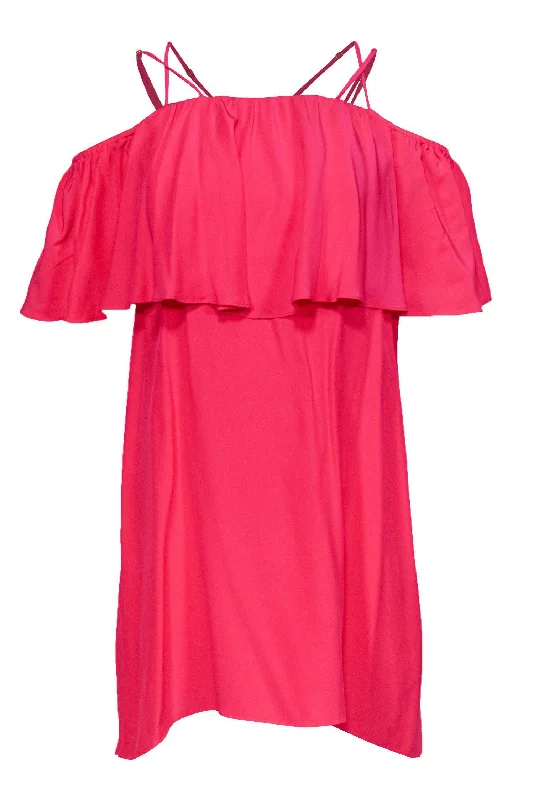 Amanda Uprichard - Hot Pink Strappy Shift Dress w/ Off-the-Shoulder Ruffle Design Sz M Tulle unclassified dresses