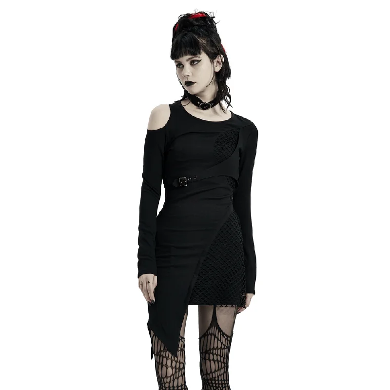 Asymmetric Mesh Insert Punk Dress with Removable Collar Lace unclassified dresses