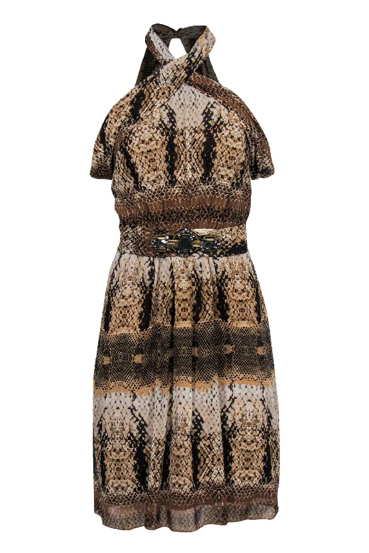 Badgley Mischka - Beige Snakeskin Print Draped Sleeve Silk Dress w/ Jeweled Belt Sz M Off-shoulder unclassified dresses