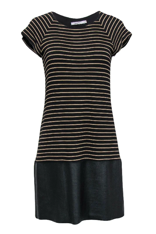 Bailey 44 - Black & Tan Striped Shift Dress w/ Faux Leather Sz M Cocktail unclassified dresses