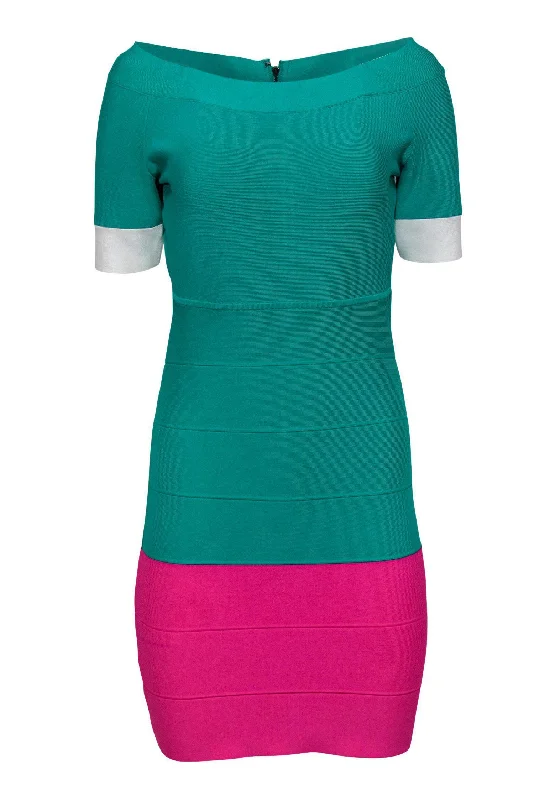 BCBG Max Azria - Bright Green & Pink Bandage Dress Sz L Beaded unclassified dresses