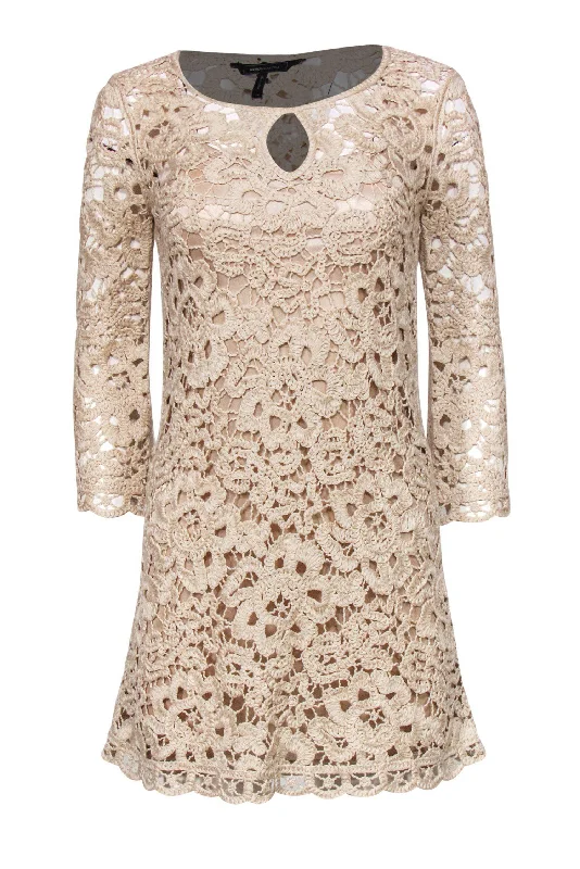 BCBG Max Azria - Beige Crochet Flared Hem Dress Sz XS One-shoulder unclassified dresses