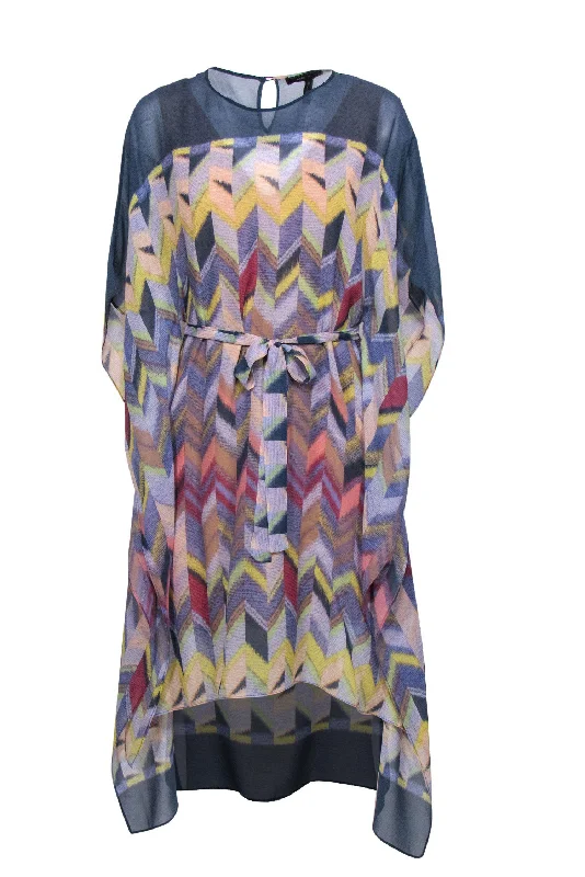 BCBG Max Azria - Blue & Multicolored Chevron Print Kaftan-Style Dress w/ Tie Sz S Bright color unclassified dresses