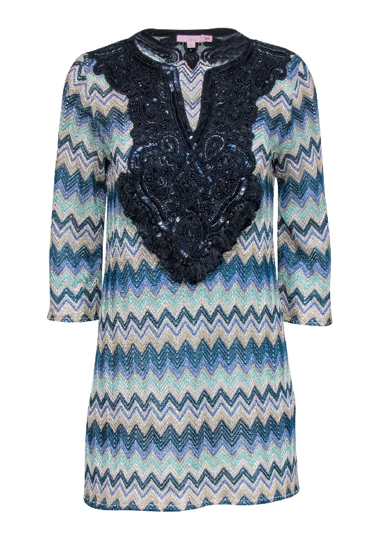 Calypso - Blue Zigzag Crochet Dress w/ Beading Sz XS Long sleeve unclassified dresses