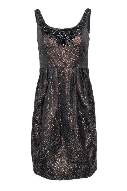 Carmen Marc Valvo - Brown & Bronze Metallic Shift Dress w/ Jeweled Neckline Sz 2 Flowy unclassified dresses