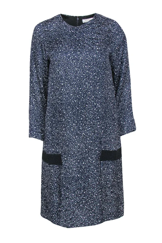 Chloe - Navy Blue & Grey Speckled Pattern Silk Shift Dress Sz 10 Long unclassified dresses