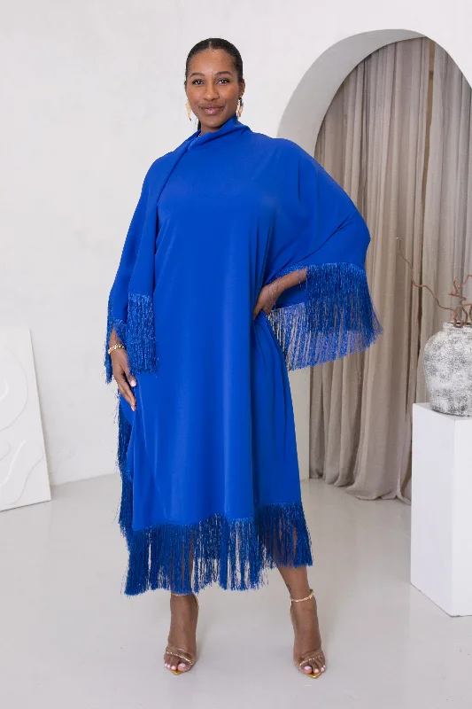 CLEOPATRA FRINGE HIGH NECK DRESS - BLUE Denim unclassified dresses