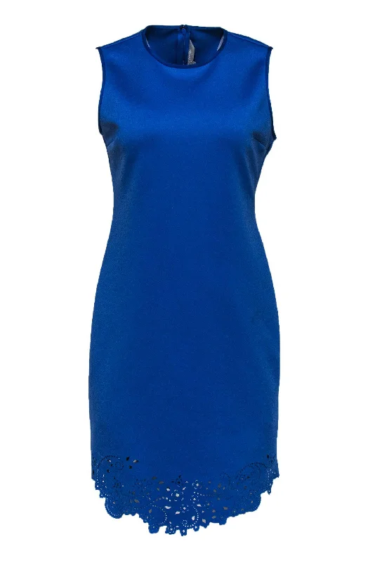 Clover Canyon - Blue Scuba Knit Sheath Dress w/ Laser Cutouts Sz L Printed unclassified dresses