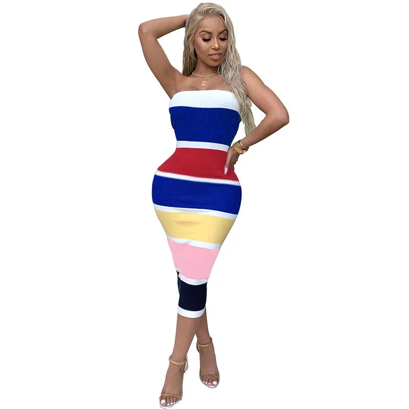 Color Block Mid-Calf Dress #Strapless #Color Block #Mid-Calf Dark color unclassified dresses