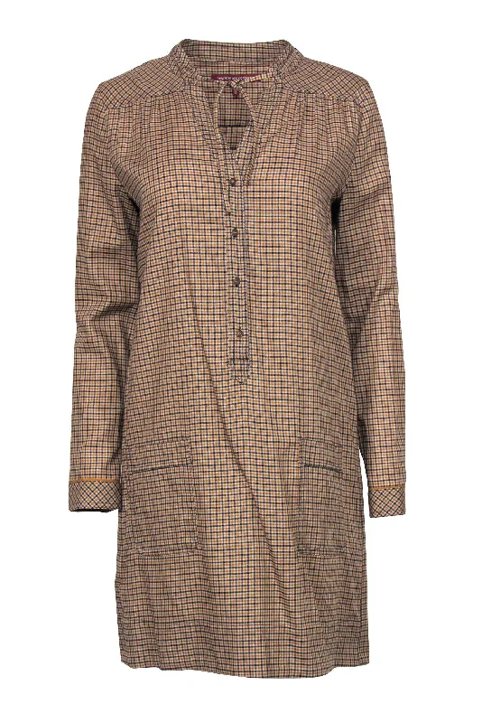 Comptoir des Cotonniers - Tan Plaid Button-Up Shift Dress Sz 10 Open-back unclassified dresses