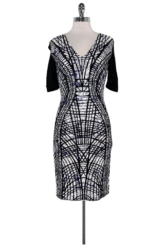 D. Exterior - Black, White & Blue Abstract Dress Sz S Lounge unclassified dresses