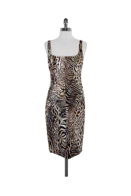 David Meister - Brown & Tan Animal Print Sleeveless Dress Sz 6 Ruffled unclassified dresses