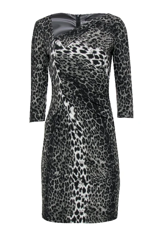 David Meister - Olive, Black & White Leopard Print Quarter Sleeve Ruched Sheath Dress Sz 4 Party unclassified dresses