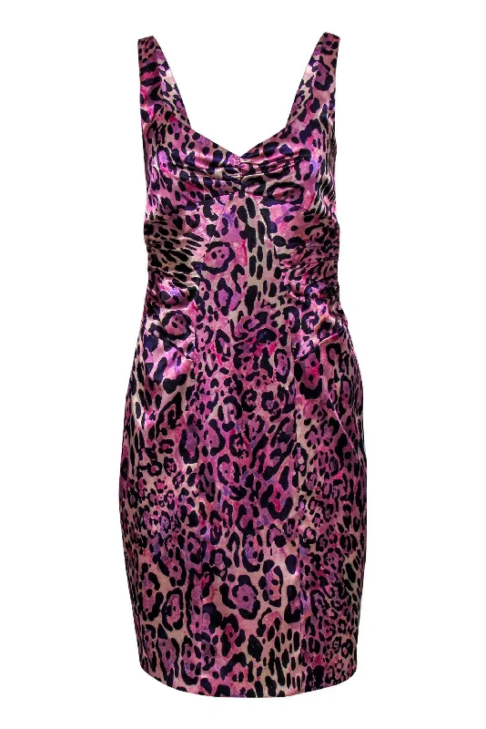 David Meister - Purple & Pink Leopard Print Sleeveless Ruched Sheath Dress Sz 4 Minimalist unclassified dresses