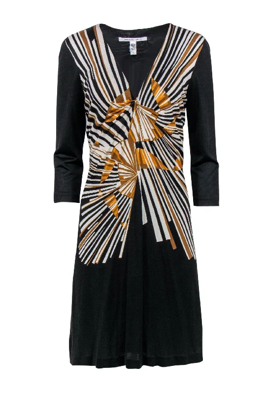 Diane von Furstenberg - Black & Tan Sunburst Patterned Silk Dress Sz 10 Long sleeve unclassified dresses