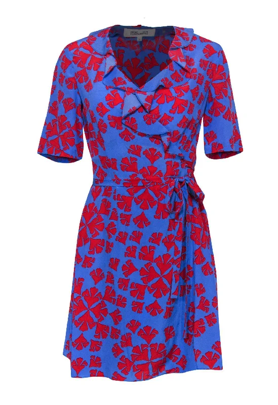 Diane von Furstenberg - Blue & Red Silk Wrap Dress w/ Abstract Damask Pattern Sz 0 Spring unclassified dresses