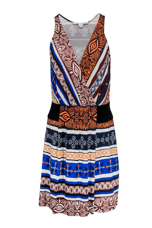 Diane von Furstenberg - Orange & Blue Tribal Print Pleated Dress Sz 6 Club unclassified dresses